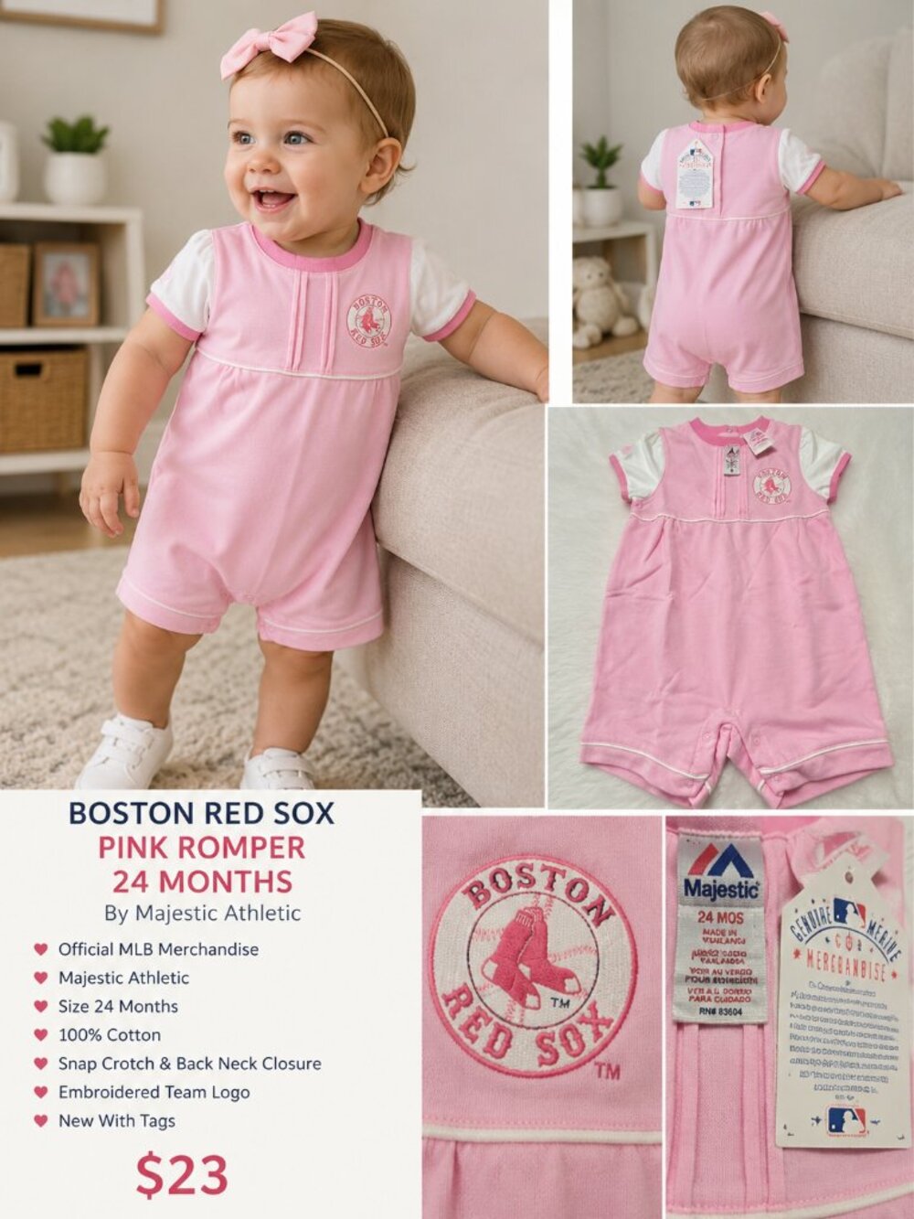 NWT Majestic Boston Red Sox Pink Baby Romper 24 Months MLB One Piece